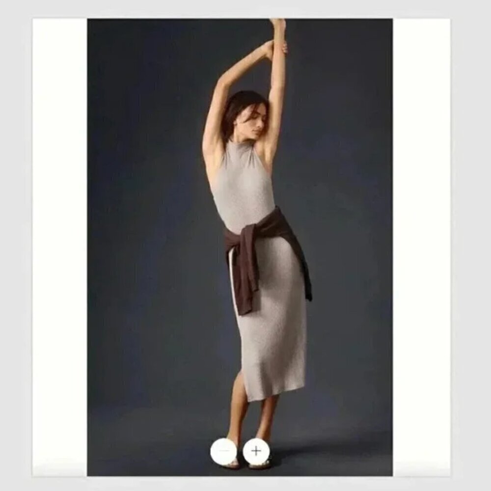 Beyond Yoga Ribbed Midi Dress Size L Taupe Sleeveless Stretch Travel NWT